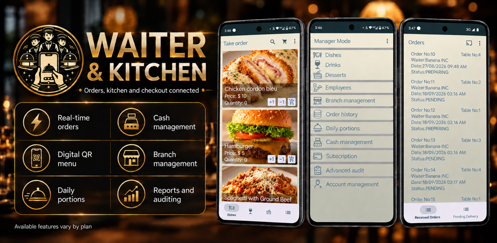 Actual Waiter & Kitchen screens and features available by plan (in English)