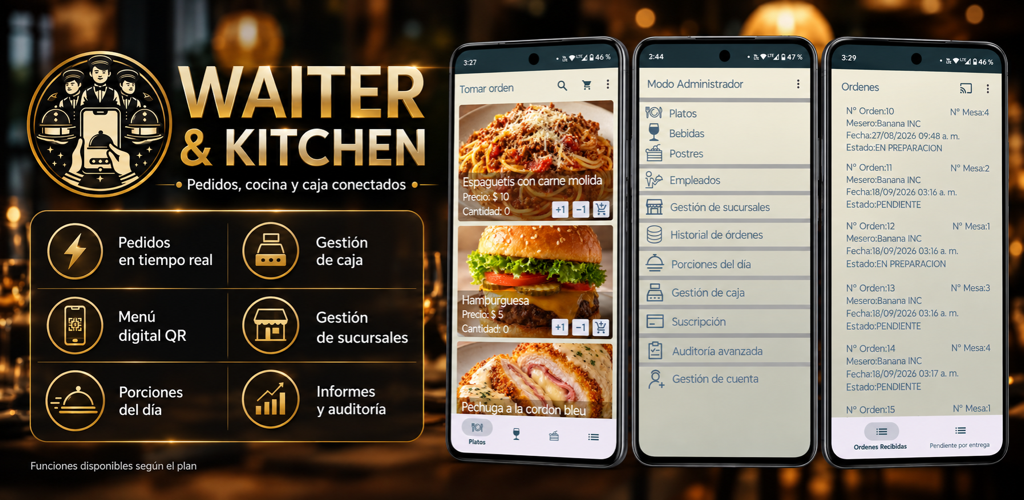Pantallas reales de Waiter & Kitchen y funciones disponibles según el plan